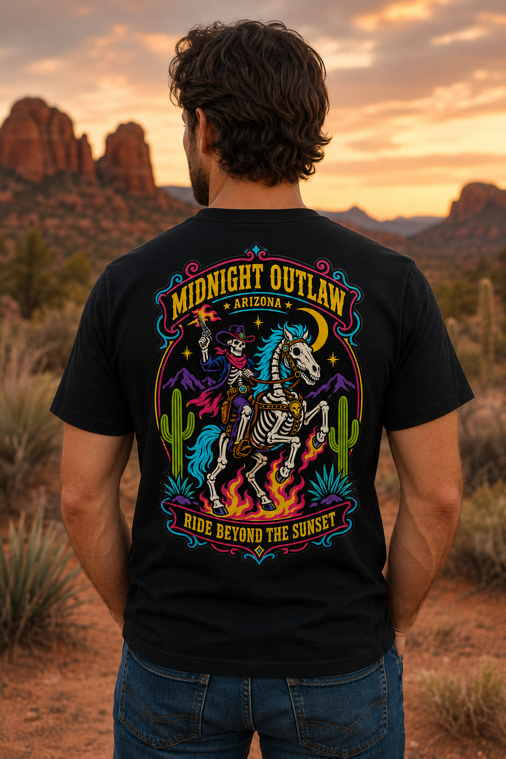 Midnight Outlaw Arizona Skeleton Rider T-Shirt
